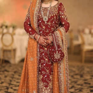 MAROON ORANGE LONG <b>TOP</b> LEHENGA INDIAN /PAKISTANI DRESS Embellished DABKA, ZARI work for Wedding @ 2022 - Product Image 1