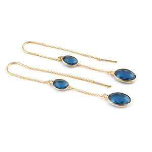 Neueste Mode neues Design Ohrring 24 Karat vergoldet Karo geschnitten London blau Quarz Nadel faden Ohrring Valentinstag Geschenk für sie