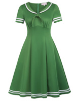 Robe d'été vintage à manches courtes, col à revers, couleur contrastée, style marin, mi-longue, en crêpe, BP000266