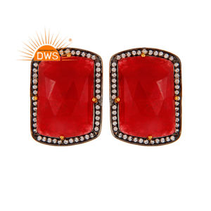 PENDIENTES DE CIRCONIA blanca y Aventurina roja para niñas, joyería de plata 925 chapada en oro indio, al por mayor - Product Image 1