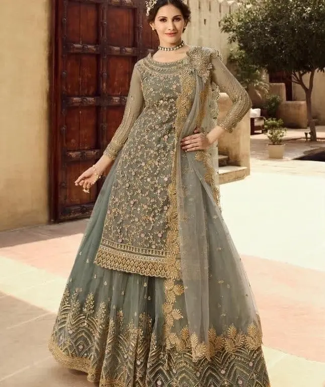 女性のための刺繍と石の仕事とネットの長い結婚式と特別な機会のスーツインドのパキスタンの服の女の子が着る