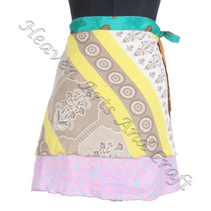 Hot Designs of Recycled Reversible Silk Sari Wrap <b>Mini</b> <b>Skirts</b> - Product Image 5