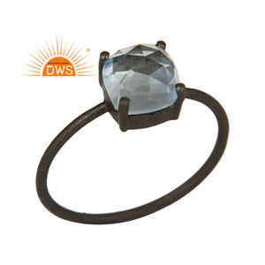 Anneaux en argent Sterling noir, rondes à empiler, pierre précieuse en topaze bleue naturelle, 1 pièce - Product Image 1