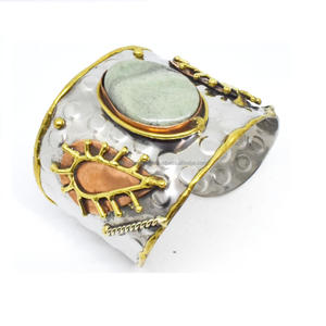 Menottes en laiton plaqué argent avec pierre d'agate bracelet de menottes en argent de style ethnique bracelet de menottes en argent - Product Image 5