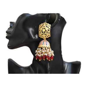 handmade brass golden matte finishing partywear meenakari stud <b>long</b> jhumki hoop <b>earing</b> for girls and women - Product Image 1