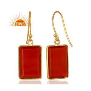 925 Sterling <b>Silver</b> Gold Plated Dangle Earrings Jewelry Supplier Rectangle Shaped Red Onyx Gemstone Earring Jewelry Wholesaler - Product Image 3