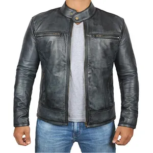 High Quality Men's Leather Jacket Custom Own Logo Embossed Design Zipper Up Side Pocket Jacket For Sale