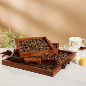 KSN Ensemble de 3 plateaux de service carrés rectangulaires en bois taillé en marbre à la mode Taille personnalisée pour la cuisine à domicile Service de nourriture décoratif - Product Image 4