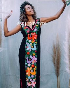 Summer Floral Embroidered Peacock <b>Kaftan</b> Vintage Mexican Cotton Organza Floor-Length <b>Maxi</b> Lace Beach Sleeveless V-neck Boho - Product Image 2