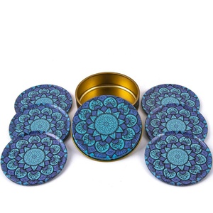 BLUE - TURQUOISE MANDALA DESIGNED AND BOXED SIX METAL TEA COASTER - <b>MAT</b> FROM TURKEY - Product Image 1