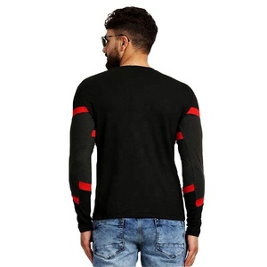 T-shirt à manches longues noir pour homme avec bordure contrastée rouge, coupe ajustée, col rond, haut tricoté décontracté - Product Image 2