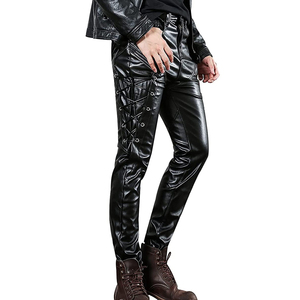 กางเกงหนังพียูแฟชั่นสำหรับผู้ชาย,กางเกงหนังขากว้างเอวสูงงานเย็บปะเปล่าใหม่ - Product Image 3