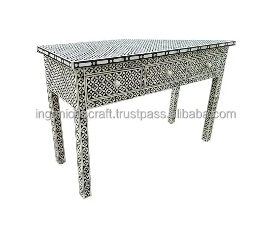 DERNIÈRE CONCEPTION Table d'entrée ou table d'appoint à 3 tiroirs en incrustation d'os-Géométrique noire par artisanat ingénieux