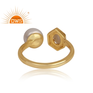 Anillo abierto de Plata de Ley 925 con dos dedos, anillo abierto hecho a mano con perlas blancas naturales y gemas - Product Image 4