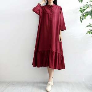 New arrival fashionable trending latest design Burgundy color crepe fabric turn-down collar 3\4 sleeve floor length linen dress - Product Image 2