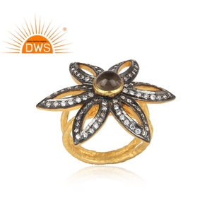 CZ Smoky <b>Quartz</b> Gemstone Gold Plated 925 Silver Floral Statement <b>Ring</b> Jewelry - Product Image 2