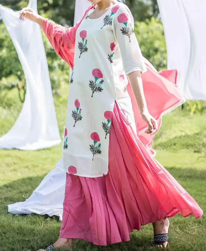 הודי אתני הלבשה שתי חתיכה להגדיר נשים בגדי יד בלוק מודפס ורוד ולבן הודי Kurtis עם Palazzo מכנסיים