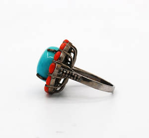 ปะการังเทอร์ควอยซ์ทรงกลมธรรมชาติพร้อมแหวนเพชร925แหวนเงินแท้เครื่องประดับทำด้วยมือ - Product Image 4