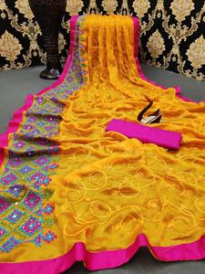 Nouveau dernier Festival porter en mousseline de soie broderie travail Saree avec chemisier pièce femmes indiennes portent Sari bas prix en gros Surat Apparelgarment - Product Image 3