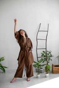 Nouveau Bohème Lin trois pièces Avec 50% Coton crêpe brun solide à manches longues Tissu palazzo et veste robe en lin - Product Image 6