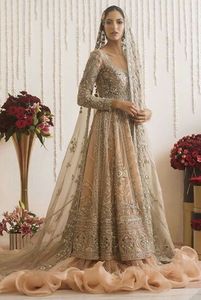 PEACH ORGANZA LONG <b>TOP</b> LEHENGA INDIAN /PAKISTANI DRESS Embellished DABKA, ZARI Work for Wedding @ 2022 - Product Image 2