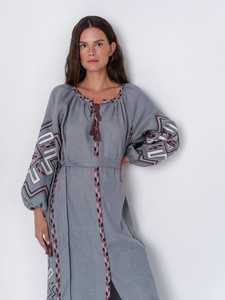 2022 nuevo algodón ucraniano Vyshyvanka bordado diseños patrón Floral Lino manga larga Maxi vestido drapeado volantes para otoño - Product Image 5