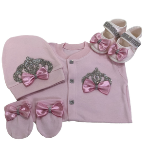 ชุดรอมเปอร์เด็กทารกหญิงสีชมพูสำหรับฤดูใบไม้ผลิ แขนยาว ผ้าฝ้ายถัก 100% คุณภาพสูง แบบสั่งทำขายส่ง จำนวน 4 ชิ้น ติดกระดุม - Product Image 1
