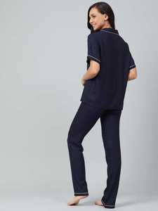 Conjunto de pijama de algodón para mujer, azul marino, largo - Product Image 3