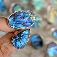 Bagues classiques en argent allemand plaqué or 18 carats avec labradorite naturelle drusée, pierre précieuse multicolore, cristal de guérison, certifiée IGI