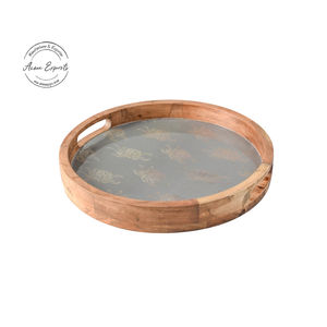 Plateau de service rond en bois fabriqué à la main avec incrustation Design élégant Poignées durables parfaites pour la salle à manger et la décoration intérieure - Product Image 4