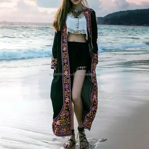 波西米亚灵感嬉皮别致的马西连衣裙女长款夹克花卉刺绣沙滩遮住和服复古造型夏季卡夫坦