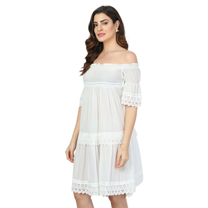 100% algodón Paisley fuera del hombro Mini vestido verano Sexy corto playa Formal Casual desgaste cintura Natural encaje decoración tejida - Product Image 3