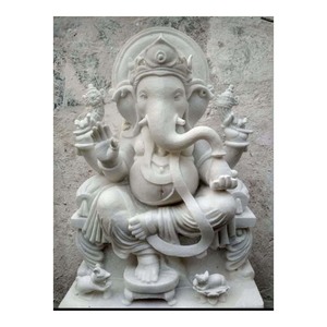 Unfinished White Marble Ganpati Siiting On Singhasan Marble Sculpture - Product Image 1