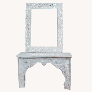 Table de toilette pliable vintage en bois de manguier massif blanc vieilli avec miroir sculpté, mobilier de chambre et d'hôtel - Product Image 2