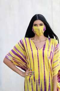 Kaftan Tie-Dye fait à la main Long col en V Floral Coupe ample Longueur au sol Style doux tissé 100% coton Fente latérale Manches de plage de vacances - Product Image 2