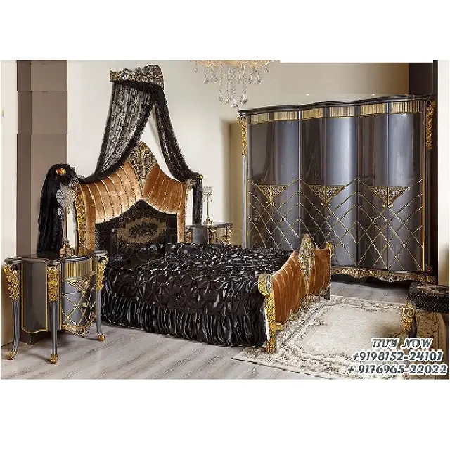 Exclusive Metallic Finish Bedroom Furniture Set Luxury Carved Bedroom Sofa In Gold Finish Classic Style Bedroom Furniture
