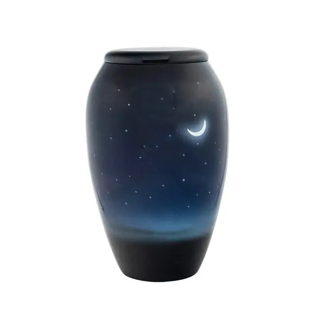 Urna per adulti con cremazione a tema notte oscura stampata di migliore qualità a forma personalizzata di urna funebre in alluminio a basso prezzo