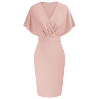 Robes moulantes unies pour femmes, à col en V, manches courtes, taille définie, fente au dos, style OEM