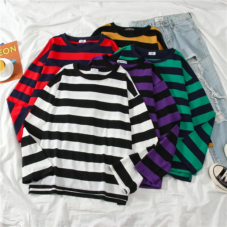 Wholesale harajuku bulk red black green white staple stripe tshirt custom print logo oversized long sleeve stripe t shirt men