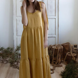 Vestido de lino sin mangas para mujer, traje de color dorado con lazo tipo crepé, longitud hasta el suelo - Product Image 1