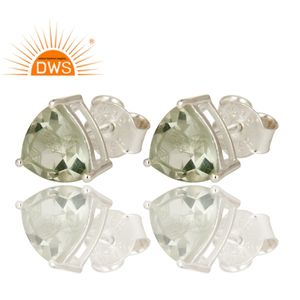 Trillion Cut Green Amethyst Gemstone <b>Earrings</b> <b>Solid</b> 925 Sterling <b>Silver</b> Designer Tiny Stud <b>Earrings</b> Jewelry Manufacturer - Product Image 1