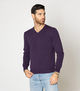 Maglione in filato di Cashmere 100% moda italiana manica lunga con scollo a V lavorato a mano per la fornitura di ODM di colore viola invernale - Product Image 2