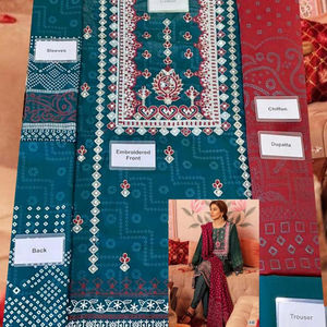 Robe pakistanaise inspirée des designers indiens, Salwar Kameez brodé, dupatta imprimé en soie, matière en viscose et coton non cousue - Product Image 1