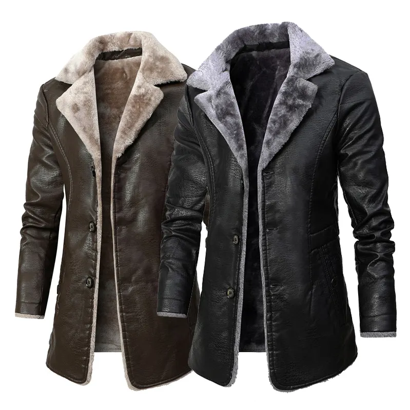 Wholesale Men's Faux Leather Jacket Thick Faux Fur Shearling Lapel Collar Botton Down Long Trench Coats Black Brown