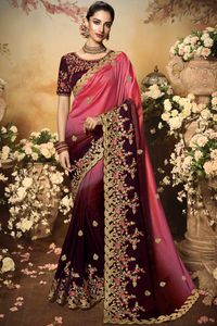 Saree en soie de coton Banarasi de luxe pour femmes avec travail de la pierre et chemisier à demi-manches pour les occasions formelles - Product Image 4