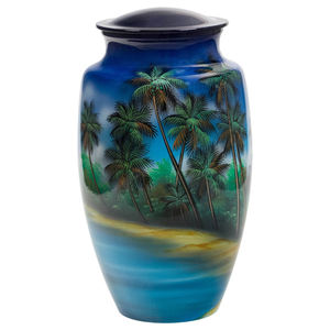 Urna para adultos de cremación impresa con tema de isla, urna de aluminio para cenizas funerarias modernas personalizadas, exportadores y proveedores en India - Product Image 1