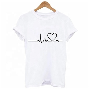 T-shirt blanc pour femme en gros, imprimé battement de cœur, col rond, manches courtes, décontracté, en coton, design personnalisé, fournisseur, t-shirt pour fille - Product Image 2