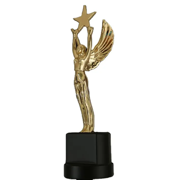 Custom Design Engraved Recognition Victory Golden Angel Statue Trophy Award Star Woman With Wings