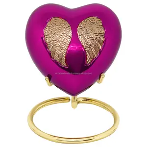 Keepsake cremação rosa em forma de coração, urn com asas de ouro artesanal, funeral, memorial, mini urnos para animais ou cinzas humanos