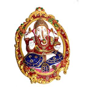 Artesanía Nirmala, Decoración de Pared Ovalada Religiosa Multicolor de Metal Hecha a Mano con Ganesh de Rajasthan, para Regalo Corporativo - Product Image 1
